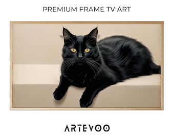 Fluffy Black Cat Professional Photography Studio Portrait, Halloween Pet Frame TV Art, Elegant Minimalist Beige Textured Decor