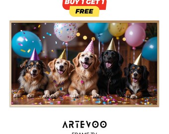 Dog Birthday Frame TV Art, Puppy Party Decor, Cute Dog Lover Samsung Wallpaper, Woof Birthday Sign 4K