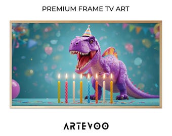 Purple Dinosaur Toy 3D Render, Whimsical Birthday Frame TV Art, Festive Rainbow Sprinkles Decor
