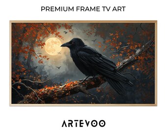 Black Raven Moon Oil Painting, Halloween Frame TV Art, Atmospheric Autumn Night Decor