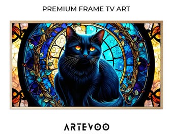 Black Cat Stained Glass Art, Halloween Witchy Frame TV Art, Regal Mystic Amber Eyes Jewel Toned Decor
