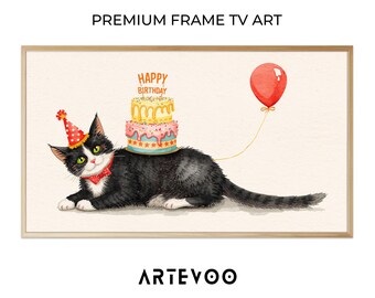 Watercolor Tuxedo Cat Illustration, Birthday Party Frame TV Art, Whimsical Storybook Decor