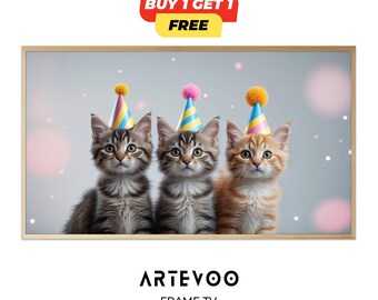 Cat Birthday Frame TV Art, Cute Kitten Party Decor, Feline Theme Samsung Wallpaper, Meow Birthday Sign 4K