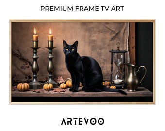 Black Cat Still Life Oil Painting, Halloween Gothic Frame TV Art, Moody Low Key Chiaroscuro Autumn Aesthetic
