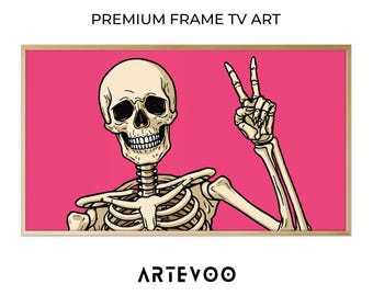 Pink Peace Skeleton Illustration, Halloween Frame TV Art, Pop Art Graphic Decor