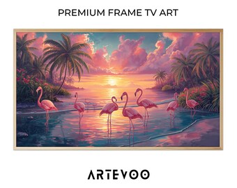 Pink Flamingos Impressionist Painting, Tropical Sunset, Frame TV Art, Serene Pastel Landscape