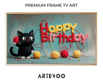 Knitted Black Cat 3D Render, Cute Animal TV Display, Frame TV Art, Teal Birthday Celebration Decor