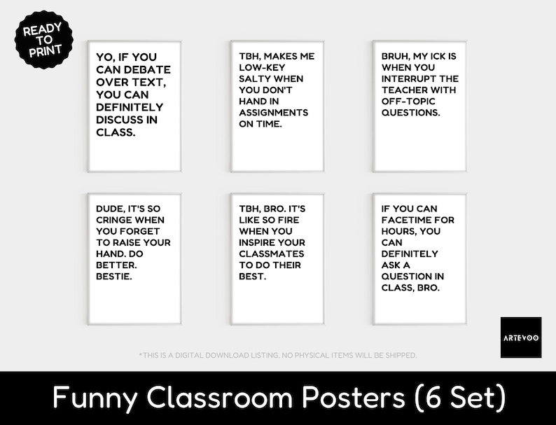Funny Classroom Posters Bundle, Printable Wall Art Sign for English ...