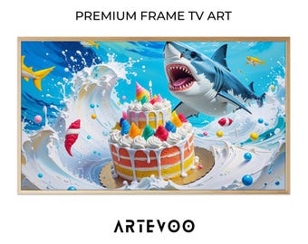 Shark Rainbow Birthday Cake 3D Render, Birthday Digital Frame TV Art, Ocean Electric Blue Tropical Candy Colorful Decor