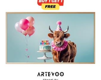 Highland Cow Birthday Frame TV Art, Boho Farm Animal Party Decor, Rustic Samsung Wallpaper, Western Birthday Sign