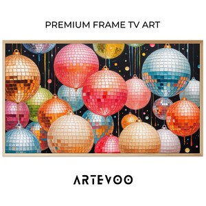 Disco Balls Acrylic Painting, Festive Neon Broad Niche Keyword, Frame TV Art, Vibrant Gold Magenta Psychedelic Decor