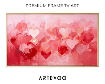 Abstract Layered Hearts Painting, Romantic Contemporary Samsung Frame TV Art, Vibrant Red Pink Festive Decor