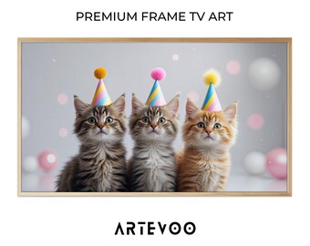 Kittens Birthday Studio Photograph, Cute Animal TV Display, Frame TV Art, Pastel Pink Celebration Decor