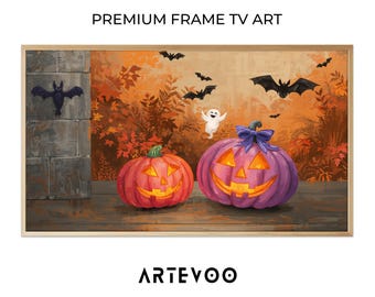 Pink Carved Pumpkins Painting, Halloween Frame TV Art, Spooky Ghost Bats Pastel Decor