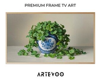 Green Clover Leaves Still Life Realistic Painting, Botanical Samsung Frame TV Art, Blue and White Ceramic Vase, Tranquil Natural Beauty
