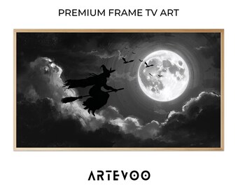 Flying Witch Silhouette Painting, Spooky Halloween Frame TV Art, Full Moon Night Sky Decor