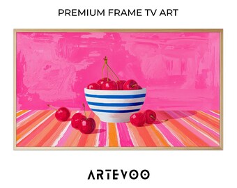 White Bowl of Cherries Modern Painting, Still Life Samsung Frame TV Art, Colorful Playful Contemporary Aesthetic