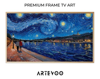 Starry Night Over the Rhône Van Gogh Oil Painting, Impressionist Landscape Samsung Frame TV Art, Romantic Deep Blue Night Sky Decor