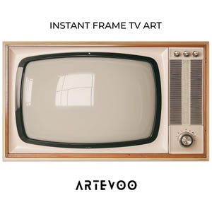 May include: A vintage-style television with a cream-colored screen and a light wood frame. The TV has a black bezel, a speaker panel, and control knobs. The text "INSTANT FRAME TV ART" is at the top, and the logo "ARTEVOO" is at the bottom.