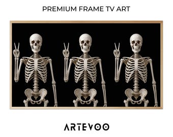 Peace Sign Skeleton Drawing, Halloween Frame TV Art, Spooky Bone Anatomical Aesthetic