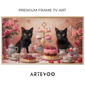 May include: A framed digital print titled PREMIUM FRAME TV ART by ARTEVOO featuring two black cats with yellow eyes sitting at a table set with a tiered dessert stand, a cake with pink frosting, berries, floral teacups, and pink roses.
