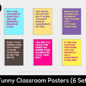 Puede incluir: Conjunto de seis carteles de aula coloridos con frases humorísticas en texto negro. Cada cartel tiene un color de fondo diferente, incluyendo azul, amarillo, morado, marrón, rosa y amarillo. Los carteles están etiquetados como "Ready to Print".