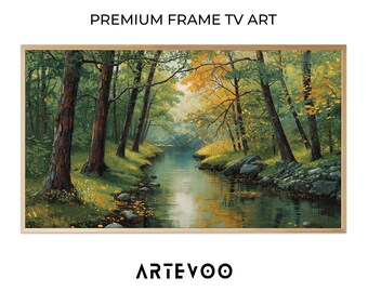 Forest River Impressionist Painting, Nature Landscape Samsung Frame TV Art, Colorful Seasonal Mosaic Decor