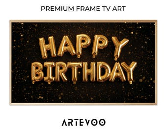 Gold Balloons Happy Birthday 3D Illustration, Celebration Frame TV Art, Reflective Glitter Festive Decor