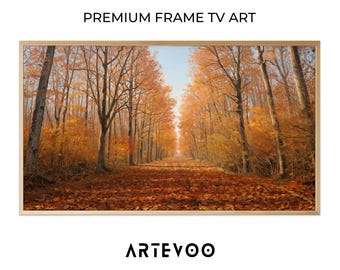 Impressionistic Autumn Forest Oil Painting, Fall Landscape Samsung Frame TV Art, Symmetrical Orange Yellow Foliage Serene Path Decor
