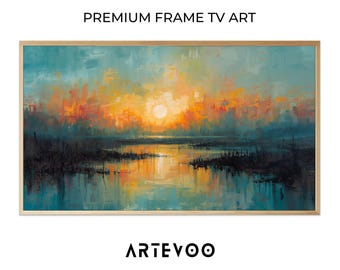 Abstract Sunrise Landscape Impressionist Painting, Nature Samsung Frame TV Art, Vibrant Orange Blue Atmospheric Decor