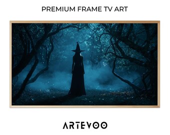 Mystical Witch Illustration, Halloween Frame TV Art, Ethereal Blue Eerie Decor