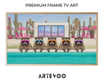 Pink Raccoons Pool Painting, Summer Vacation Frame TV Art, Pastel Neon Tropical Decor