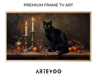 Black Cat Still Life Painting, Halloween Frame TV Art, Moody Gothic Amber Decor