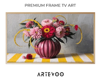 Stylized Pink Red Floral Still Life Painting, Maroon Vase Flowers Samsung Frame TV Art, Colorful Geometric Decorative Elegance