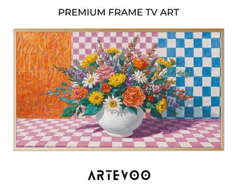 Vibrant Impressionist Floral Painting, Modern Flower Samsung Frame TV Art, Colorful Checkered Background Decor
