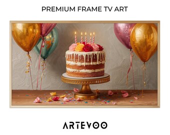 Naked Sponge Cake Photograph, Birthday Celebration Frame TV Art, Colorful Festive Party Decor