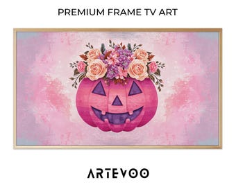 Pink Jack O Lantern Painting, Halloween Frame TV Art, Pastel Floral Spooky Decor