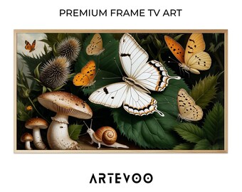 White Butterfly Naturalist Digital Painting, Woodland Nature Frame TV Art, Serene Magical Forest Earthy Decor