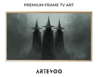 Three Witches Painting, Halloween Frame TV Art, Dark Gothic Eerie Fog Decor