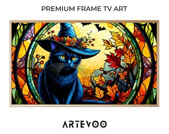 Stained Glass Blue Cat Wizard Painting, Halloween Witch Frame TV Art, Mystical Autumnal Cozy Vibrant Decor