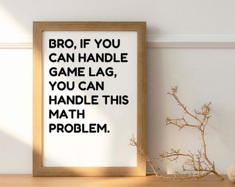 May include: A framed print with a motivational quote: "BRO, IF YOU CAN HANDLE GAME LAG, YOU CAN HANDLE THIS MATH PROBLEM."
