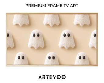 Cute Ghost Graphic Illustration, Halloween Frame TV Art, Spooky Beige Backdrop Aesthetic