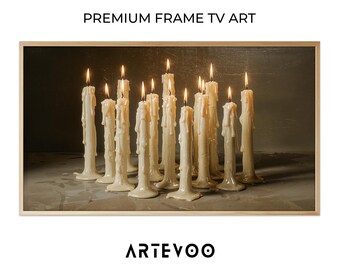 White Candles Oil Painting, Moody Halloween Frame TV Art, Warm Golden Glow Dark Decor