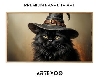 Fluffy Black Cat Witch Vintage Portrait, Halloween Frame TV Art, Moody Dark Fantasy Gothic Decor