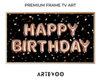 Rose Gold Metallic Foil Balloons 3D Render, Birthday Birthday Frame TV Art, Luxury Black Confetti Celebratory Decor