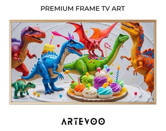 Dinosaurs Cupcake 3D Render, Cute Birthday Display, Frame TV Art, Colorful Vibrant Celebration Decor
