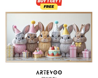 Bunny Birthday Frame TV Art, Cute Rabbit Party Decor, Soft Pastel Samsung TV Wallpaper, Easter Birthday Digital Art