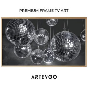 Mirrored Disco Balls Grayscale Photograph, Atmospheric Metallic Broad Niche Keyword, Frame TV Art, Moody Dark Gray Cinematic Decor