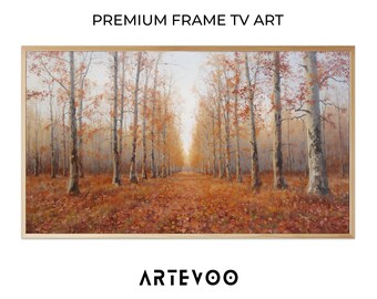 Impressionistic Autumn Forest Oil Painting, Fall Landscape Samsung Frame TV Art, Symmetrical Orange Yellow Foliage Serene Path Decor