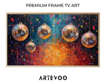 Disco Balls Abstract Oil Painting, Colorful Party Frame TV Art, Glistening Navy Orange Festive Decor